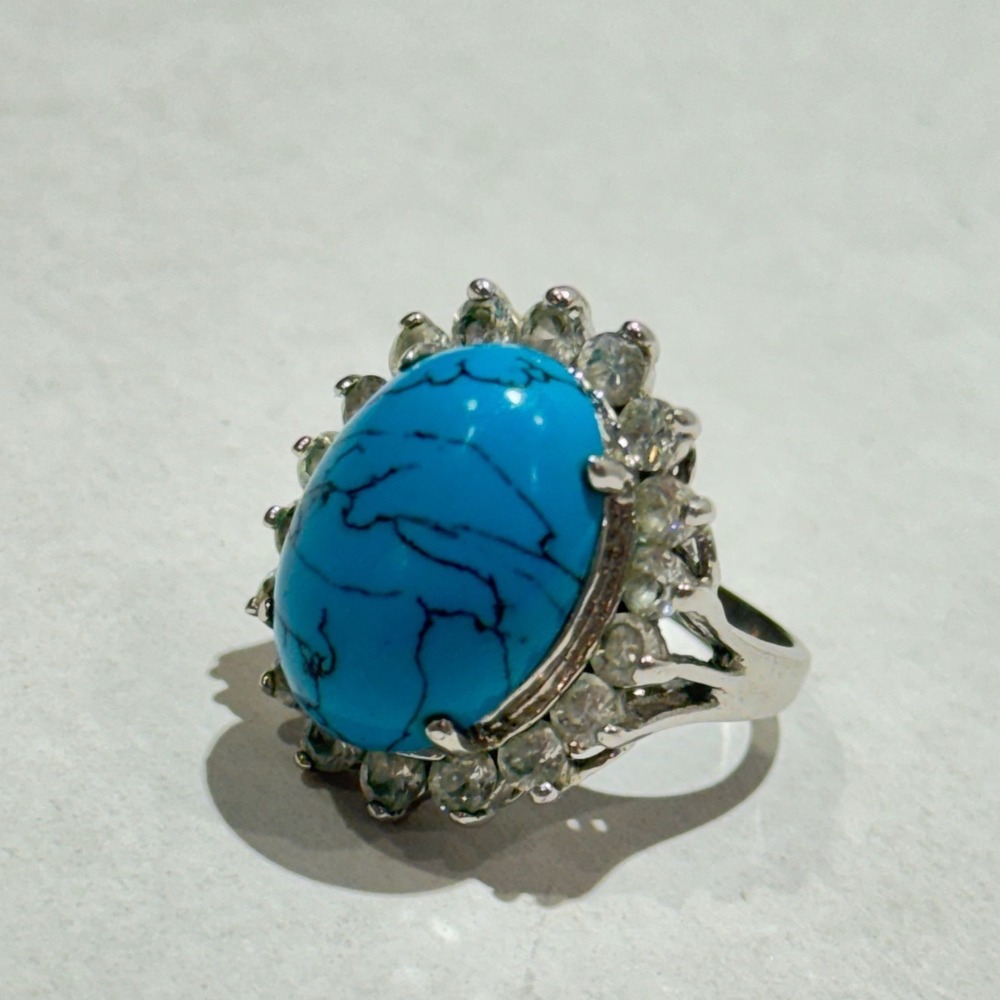Turquoise 18KGP Cocktail Ring Womens 6.25 Blue Halo Statement 1960s Italian